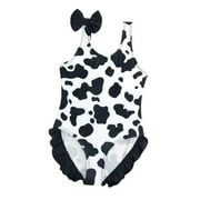 Newborn Girls One-Piece Swimsuit Cow Print Ruffle Bathing Suit UPF 50+ Swimwear